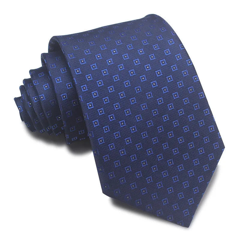 8CM wide polyester jacquard striped business tie in arrow style showing red, black, and blue colour options
