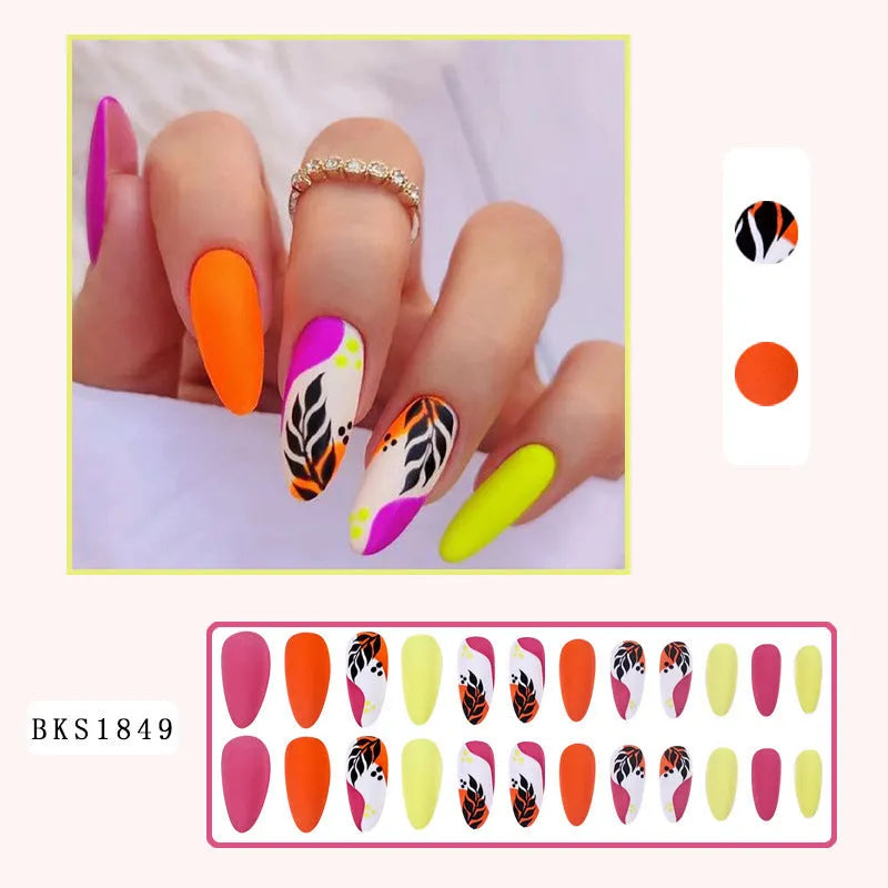 Wear Armour Medium Almond Frosted Nail Stickers set showing four patterns: French leaf, colourful plating, macaron, and leopard print.