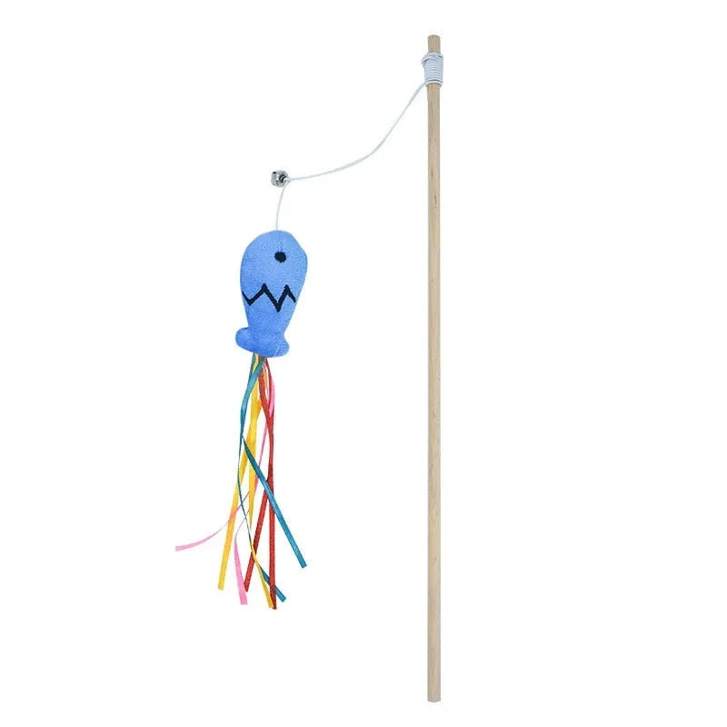Cat wand toy with wooden handle, colourful ribbons, catnip fish and bell for indoor cats
