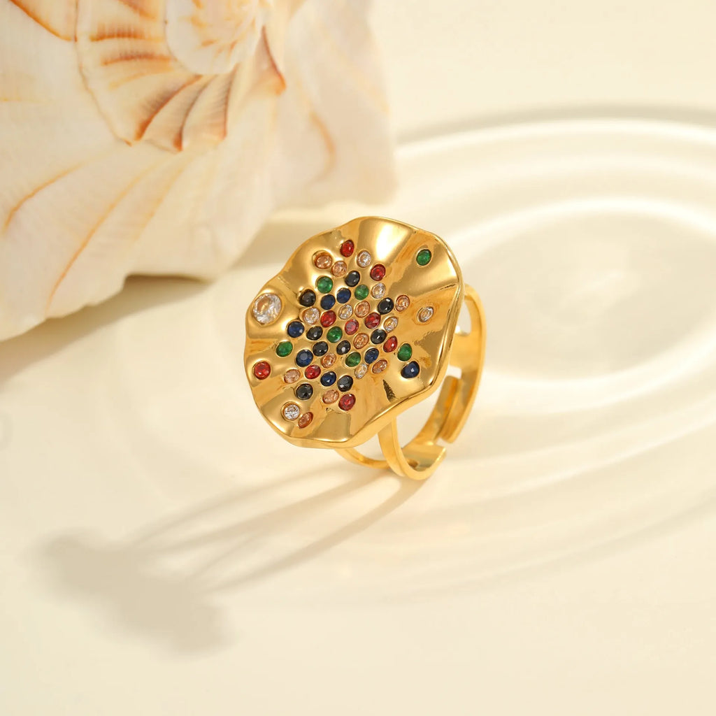 Geometric adjustable stainless steel ring with colourful crystal inlay and open mouth design