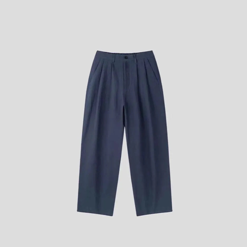 Men's lightweight cotton linen blend trousers in a loose fit, shown in apricot, army green, and purplish blue colours.