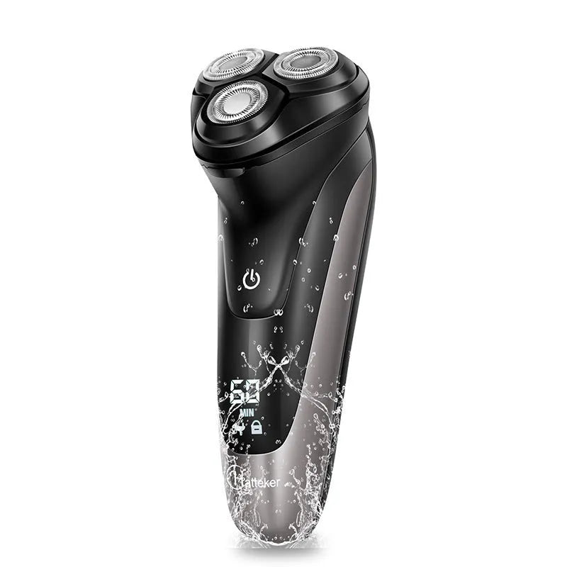 Men's electric shaver grooming kit with three rotating heads and a pop-up sideburn trimmer on a USB charging cable