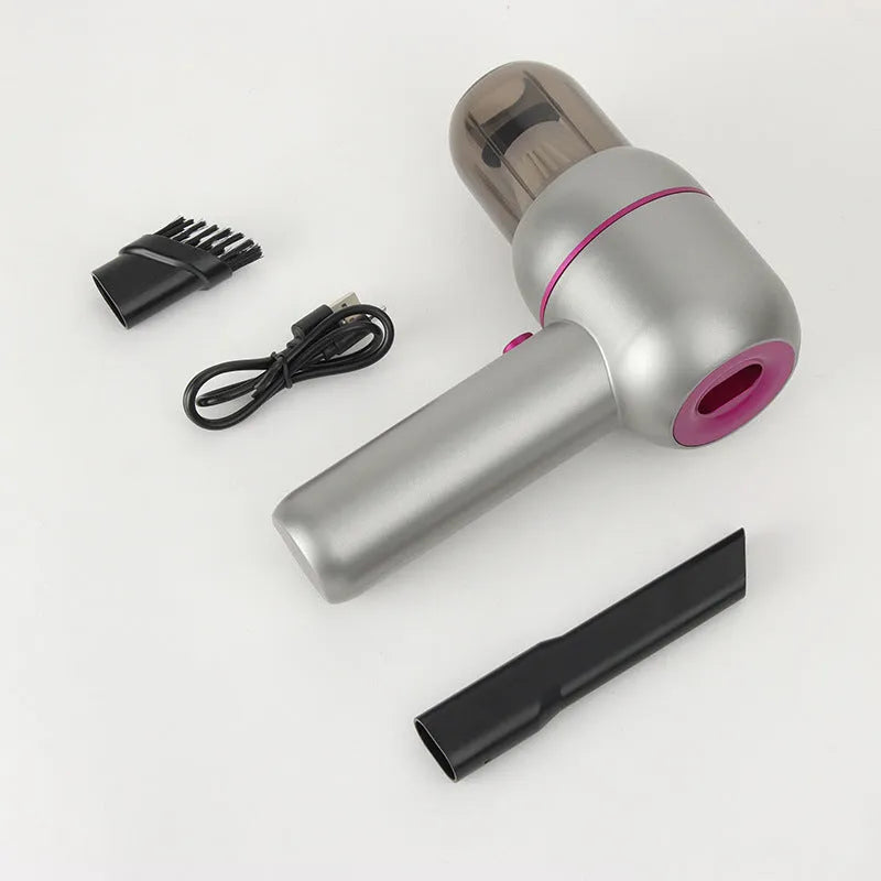 XC-06 grey portable car cleaner with brush nozzle, extended nozzle and dust collection bin