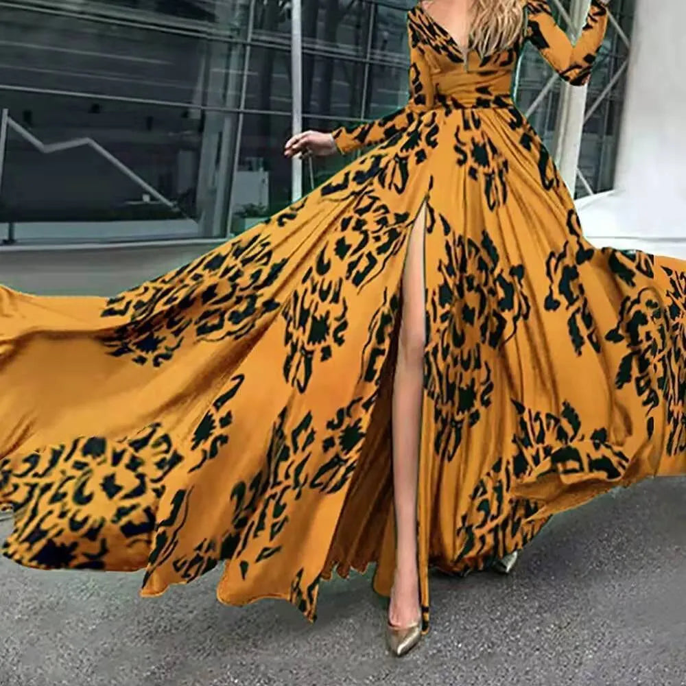 Women's leopard-print deep V split slim-fit long sleeve dress in polyester fabric with 3D digital printing