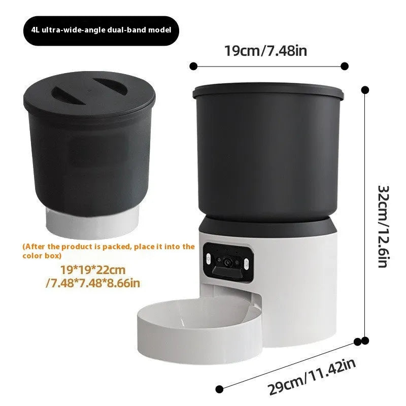 4-litre smart pet feeder with a smartphone showing remote control app and optional camera.