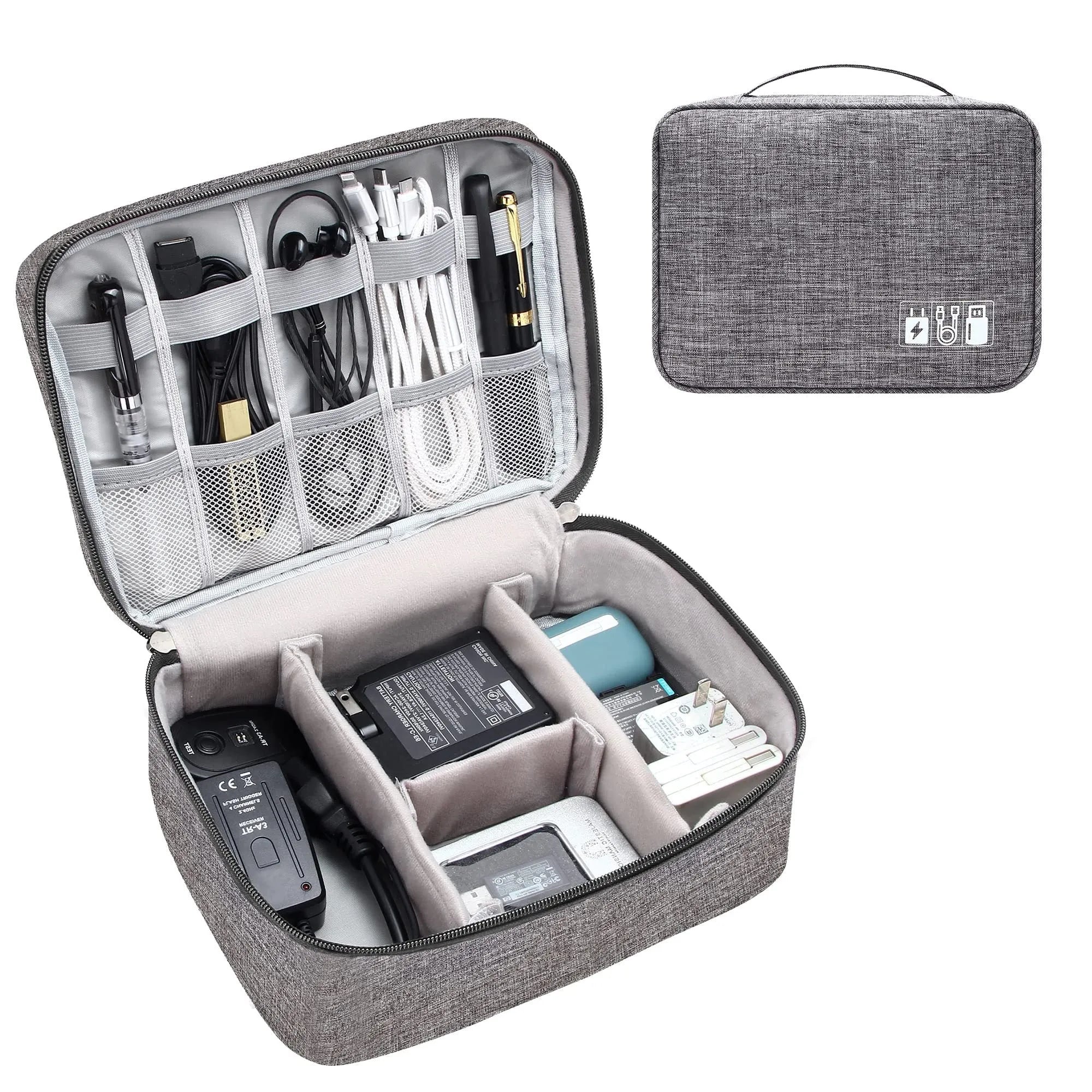 Black and grey waterproof electronics organiser bag open to show removable dividers and mesh pockets for cables.