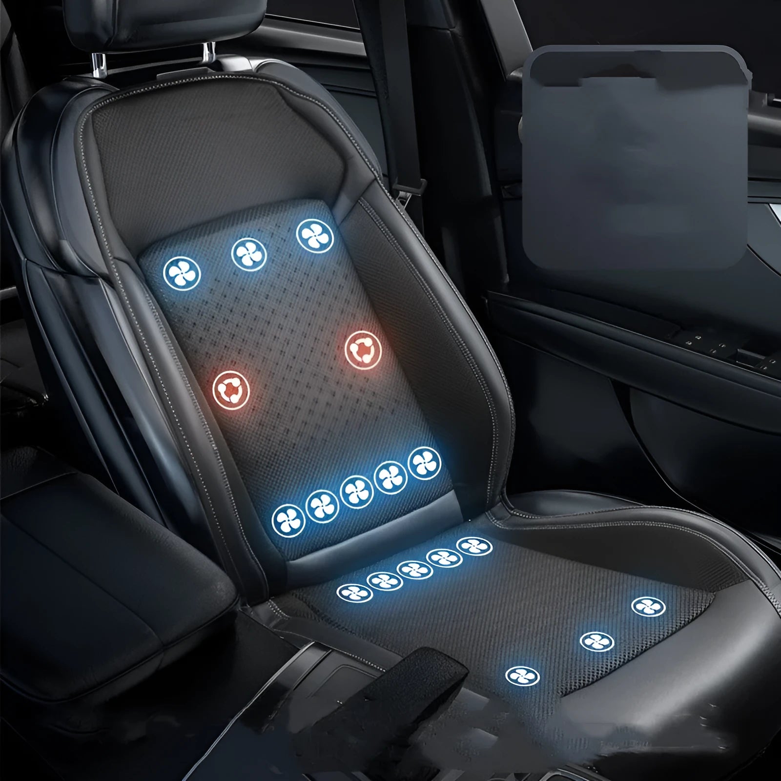 Black car seat cooling pad with USB cable connected to 12V vehicle outlet