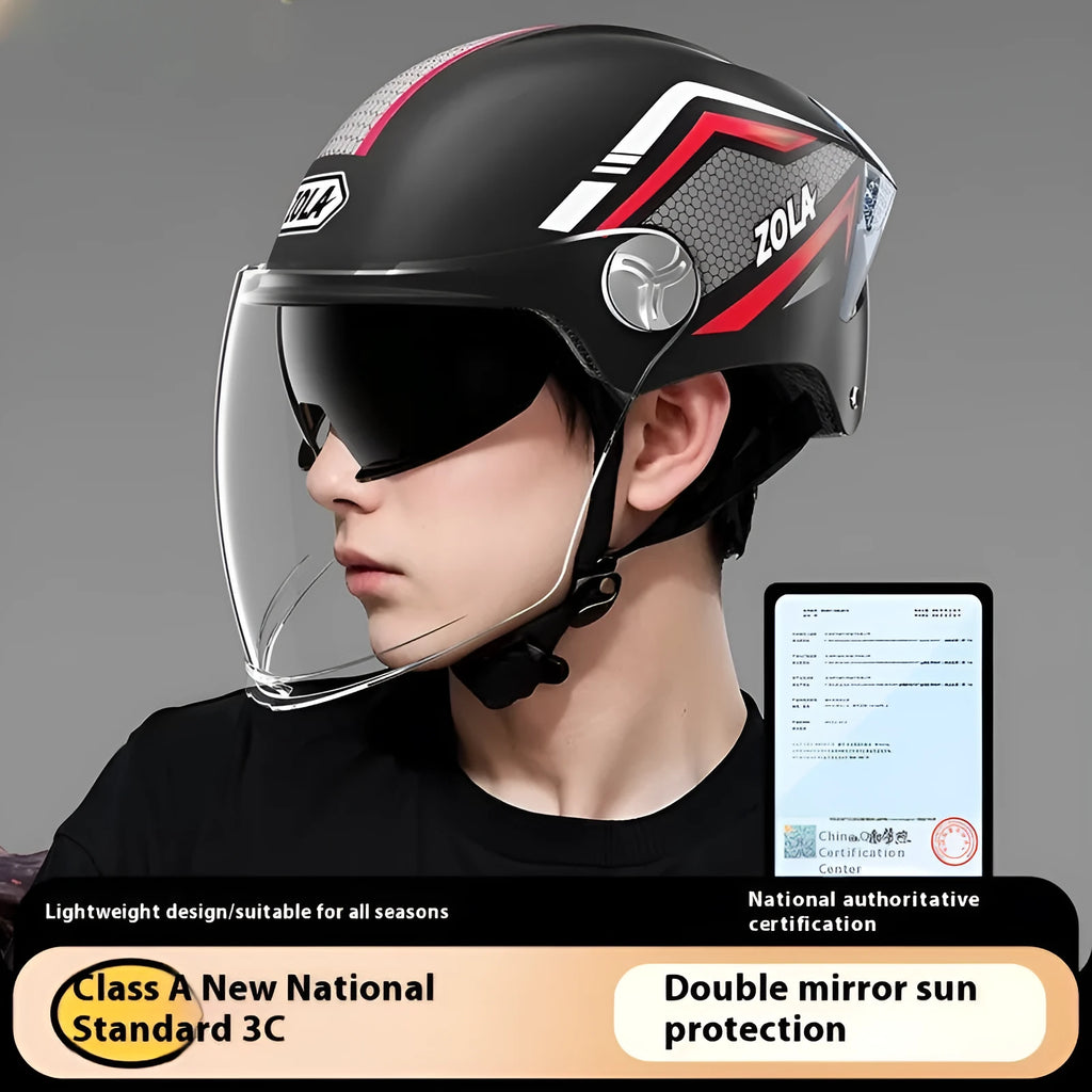 Battery-powered motorcycle half helmet with LED lights and double mirror visor in light brown colour