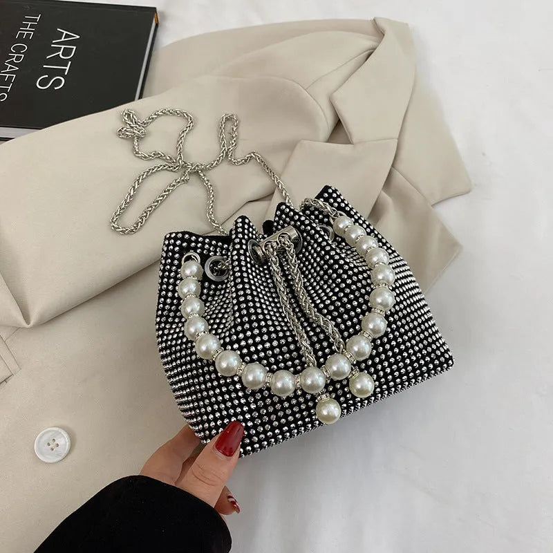Women's diamond pattern PU leather crossbody bucket bag with western chain strap in choice of colours