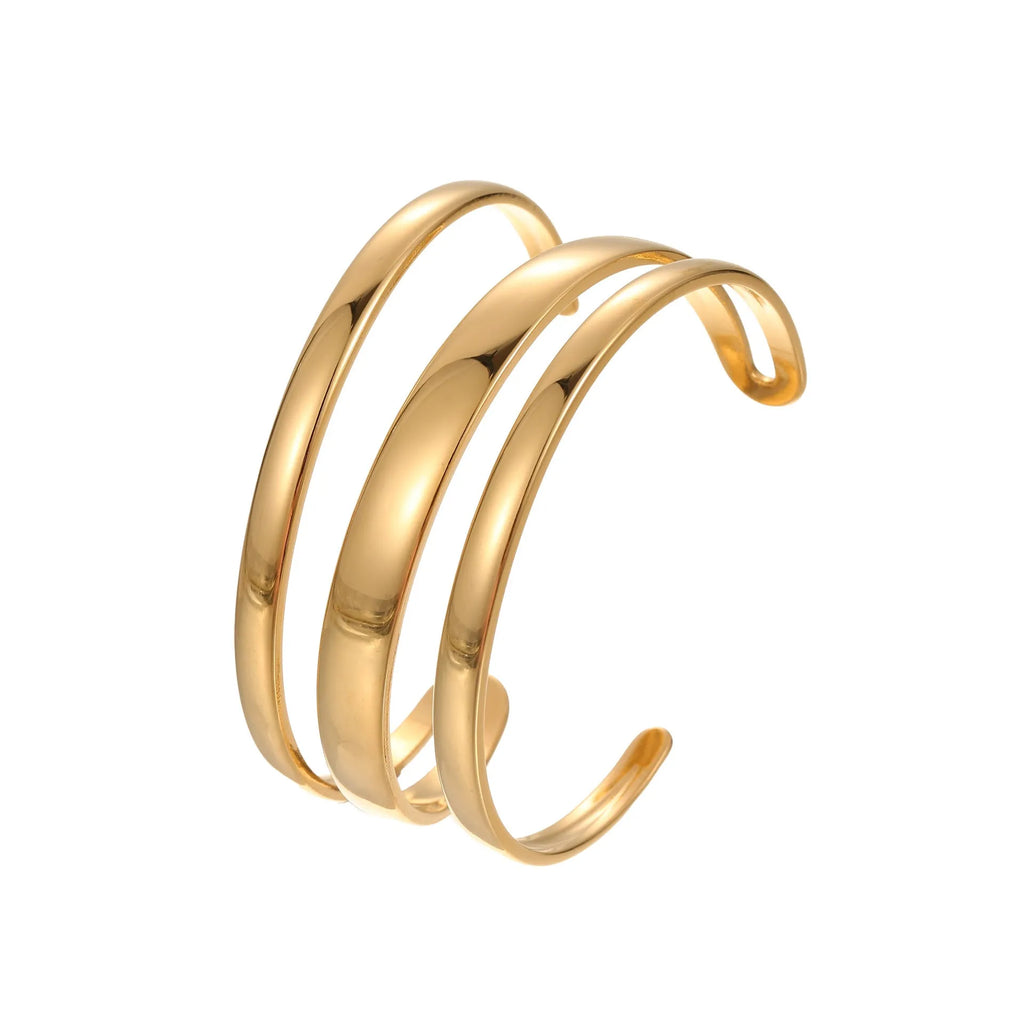 Stainless steel women's bracelet with simple opening clasp and geometric line design in gold electroplated finish