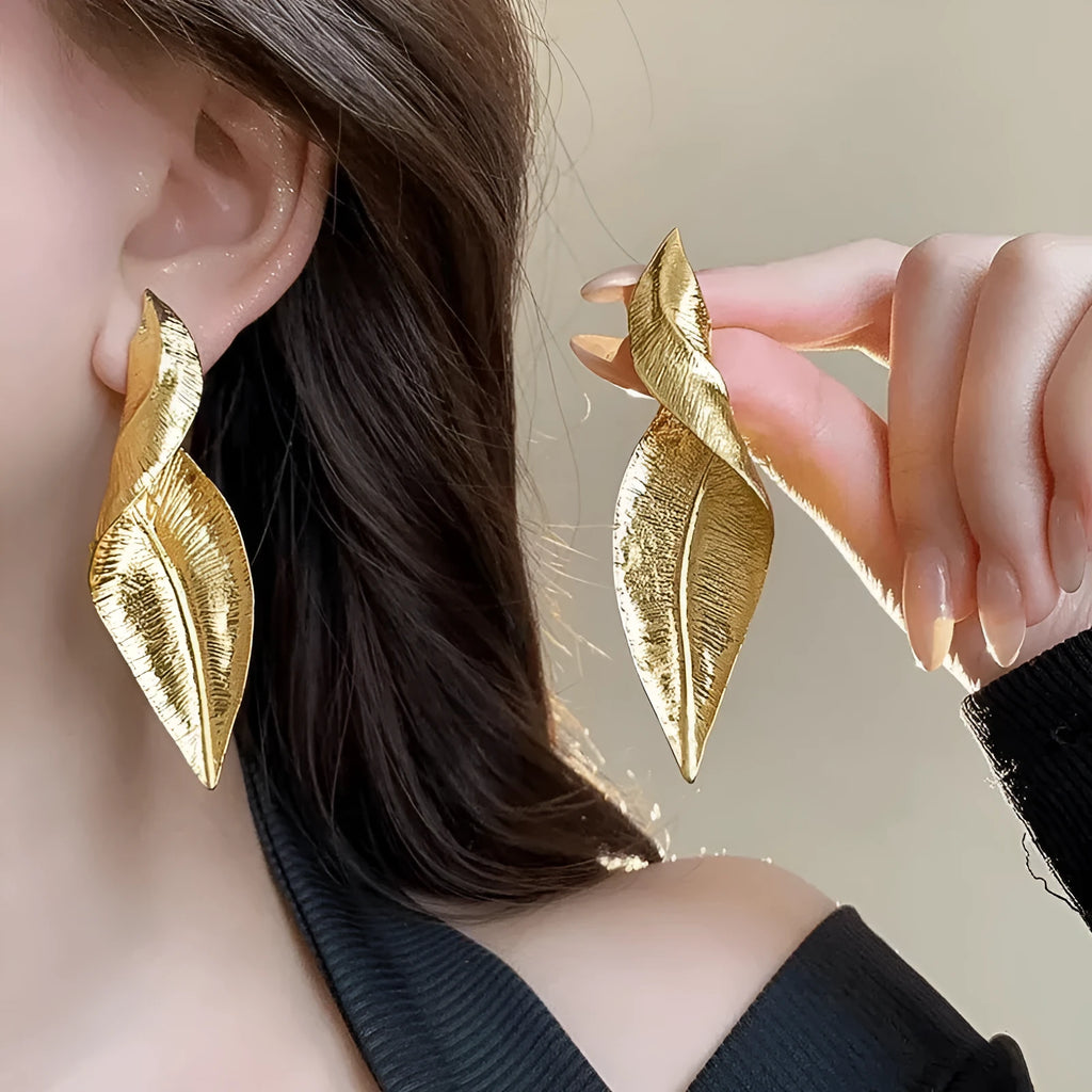 Pair of alloy vintage leaves earrings with retro finish sweet and cool style