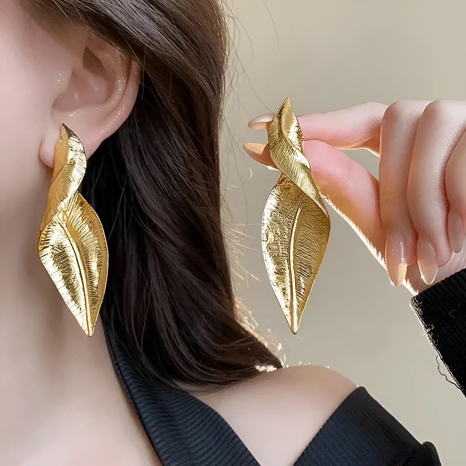 Pair of alloy vintage leaves earrings with retro finish sweet and cool style