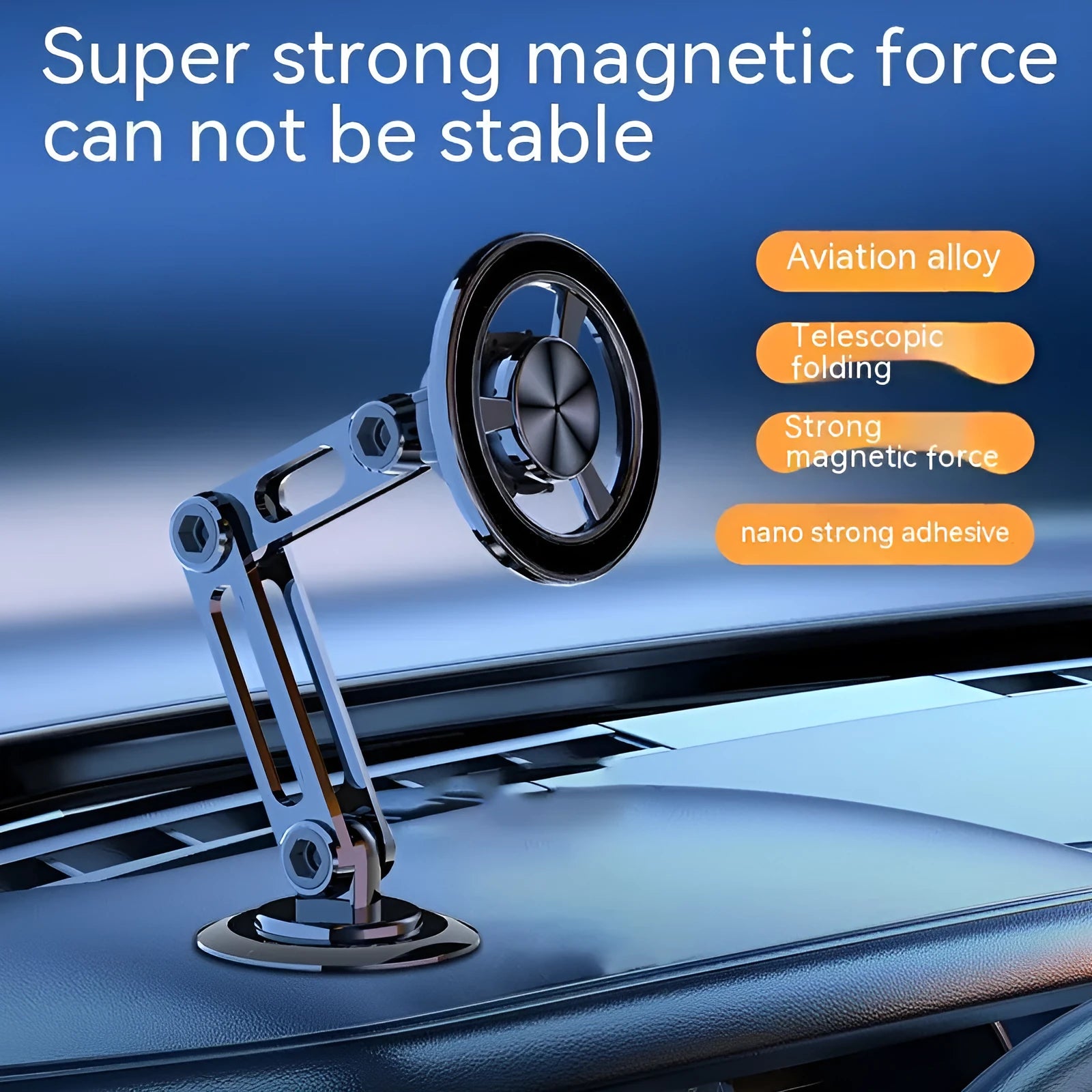 All-metal magnetic car phone holder in black, silver, gold, and rose gold colours with magnetic rings and adhesive pads
