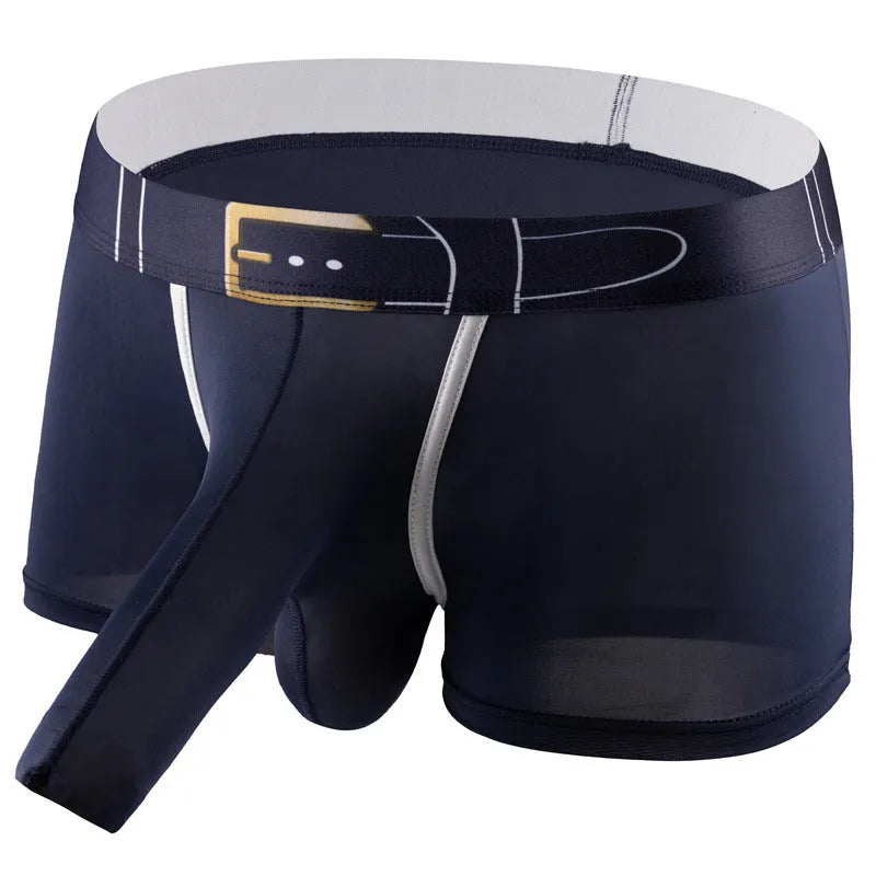 Men's solid colour ice silk boxer shorts in blue, shown on a mannequin, demonstrating the mid waist fit.