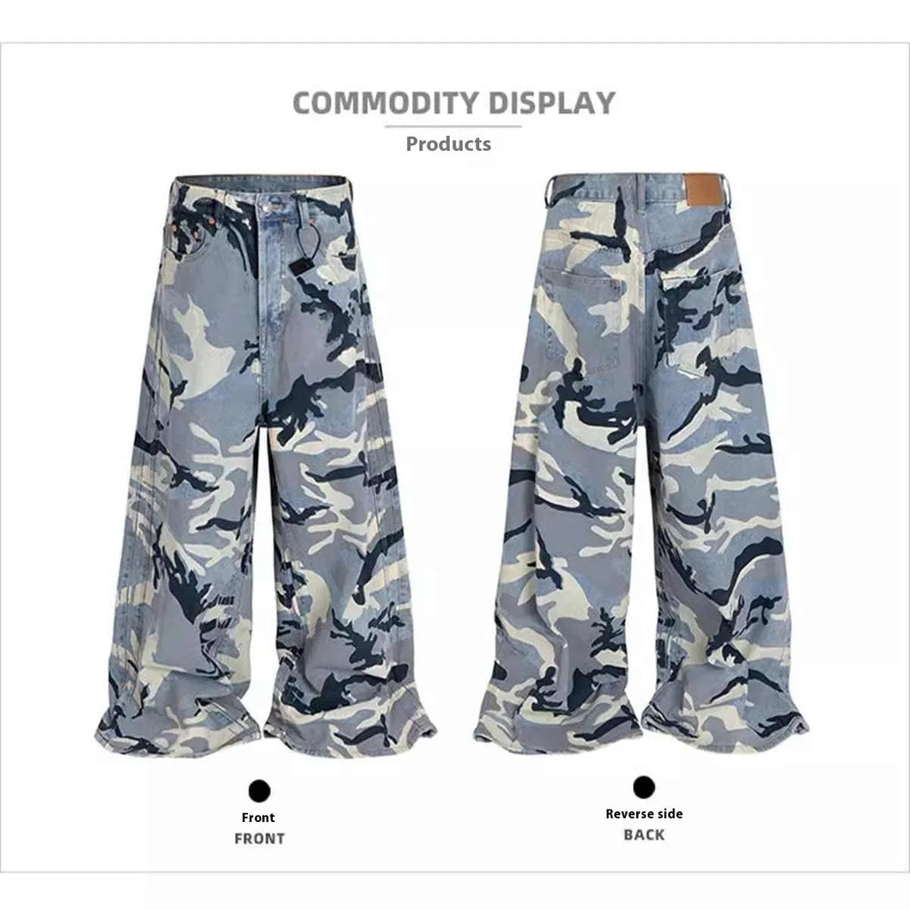 Snow camouflage blue loose fit jeans in cotton elastic denim fabric with mid waist design