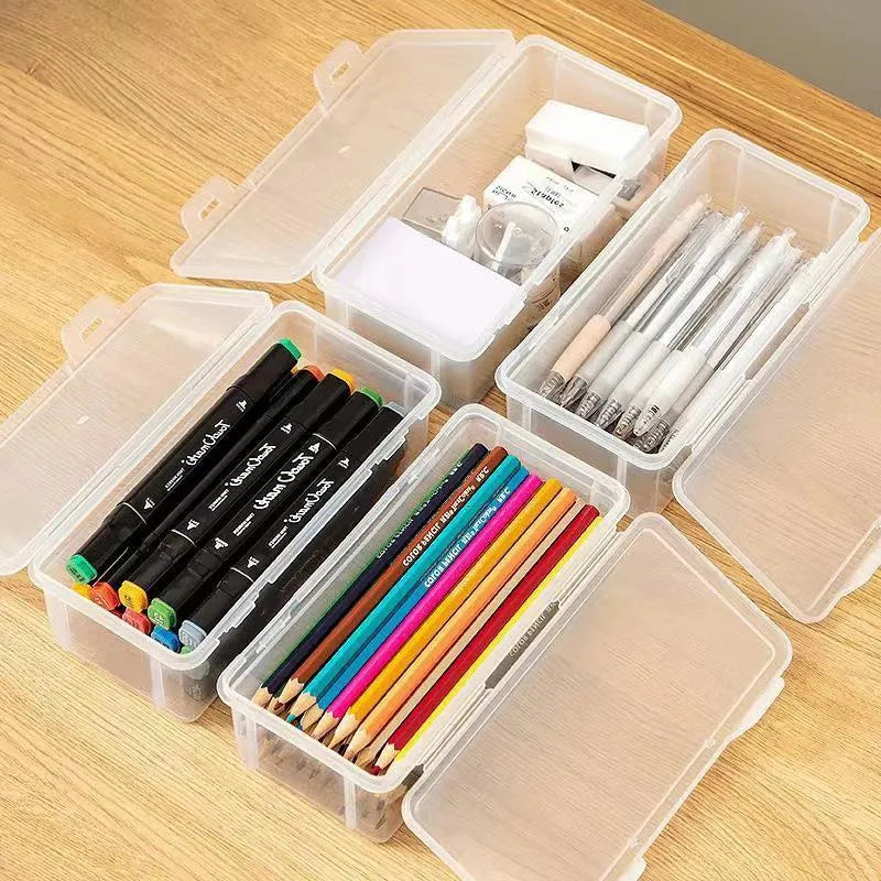 Large clear plastic pencil storage box filled with colouring pencils and crayons.