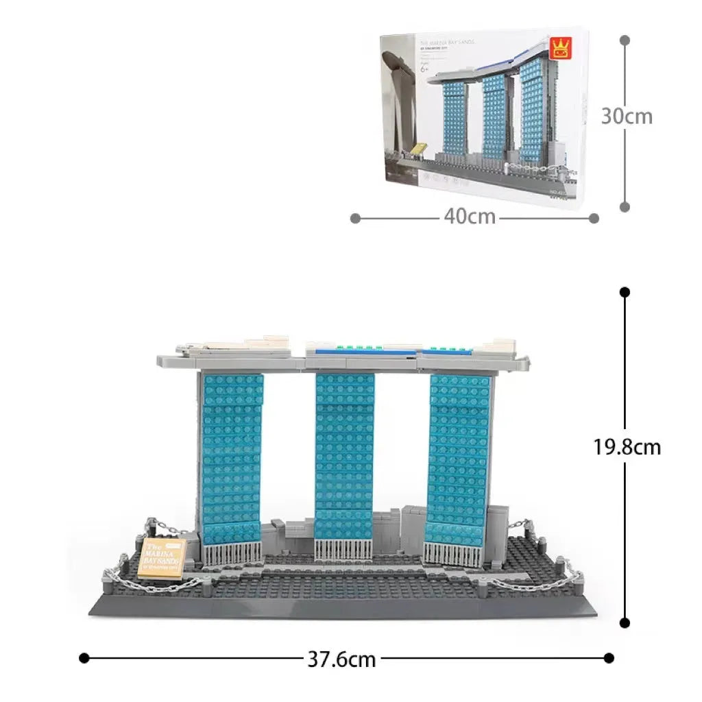 Wange building block set showing over 800 small ABS plastic pieces for constructing global landmark models.