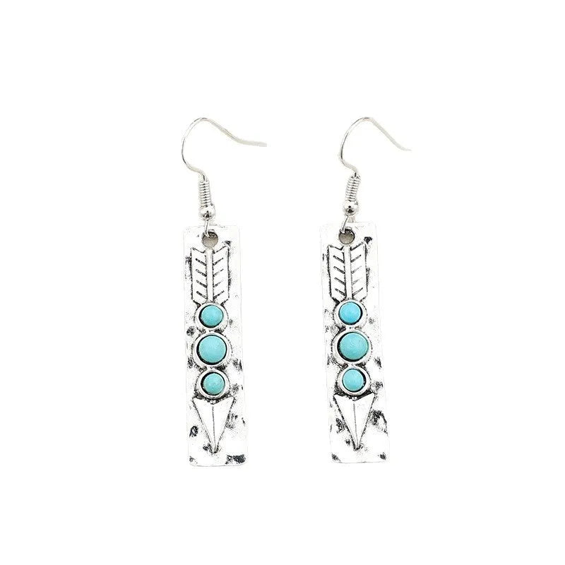Silver geometric long strip earrings with turquoise stone inlays on zinc alloy base