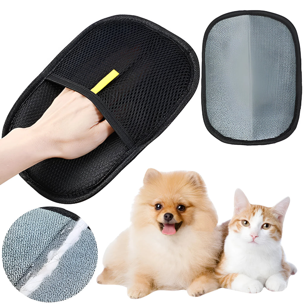 Black pet hair removal glove with silicone bristles, shown on a hand grooming a dog.