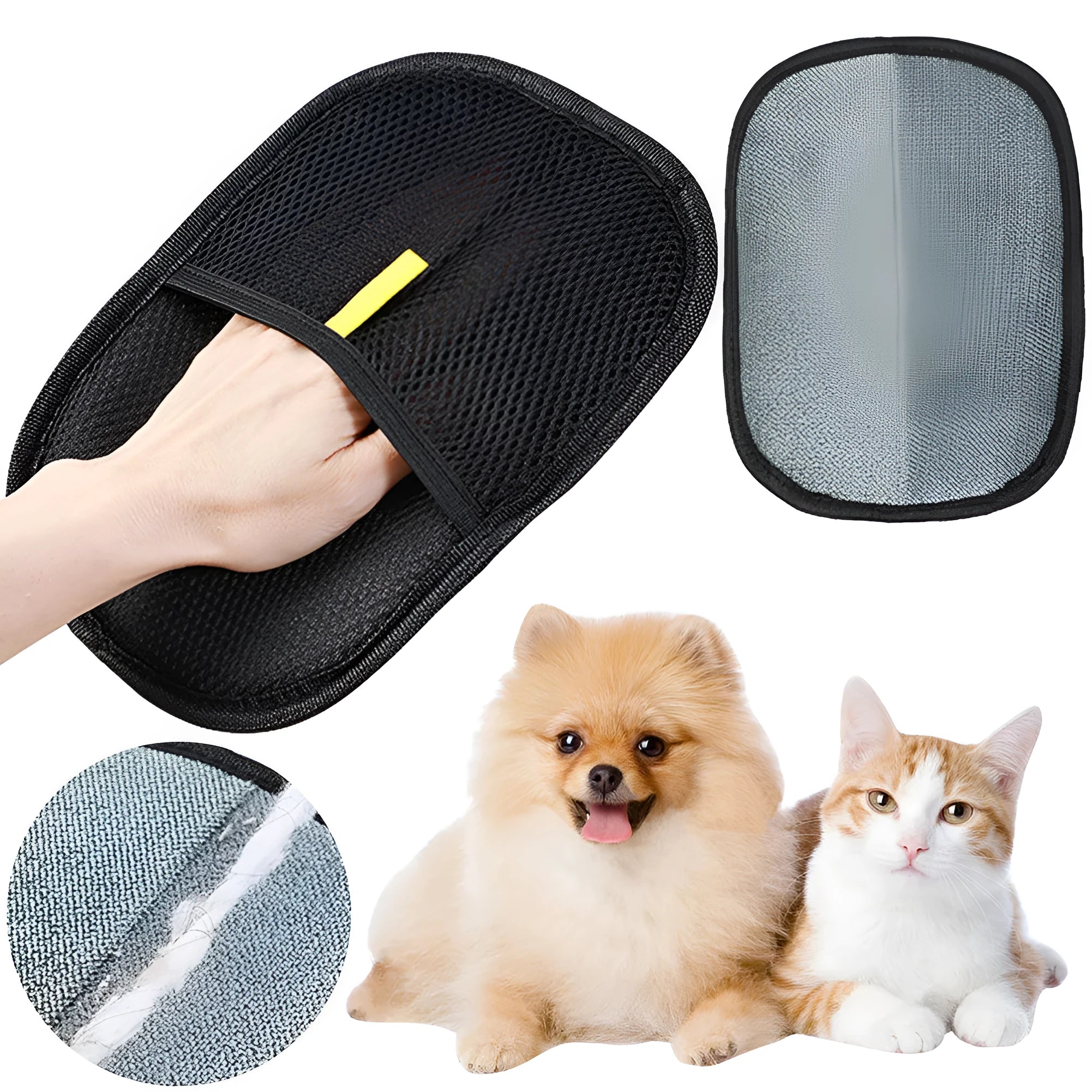 Black pet hair removal glove with silicone bristles, shown on a hand grooming a dog.