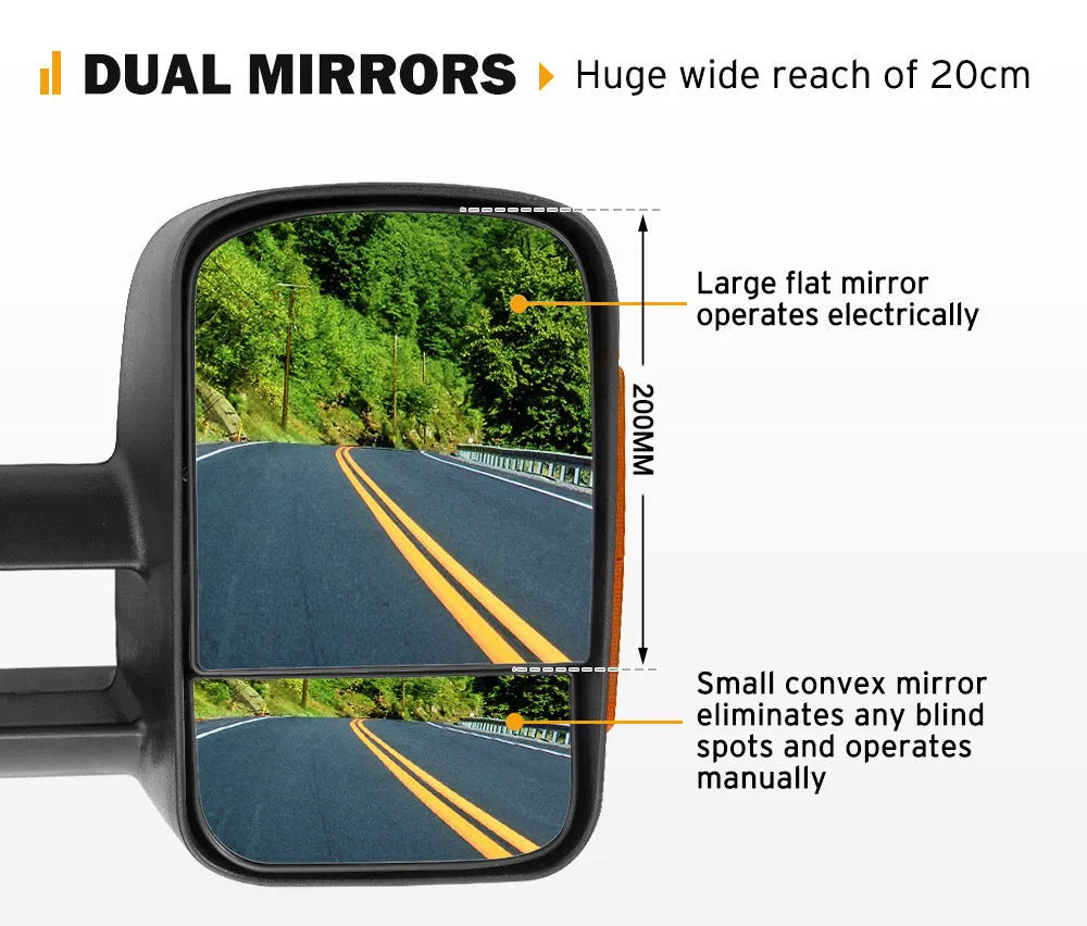 Pair of black electric wing mirrors with integrated side light for Nissan NP300 Navara.