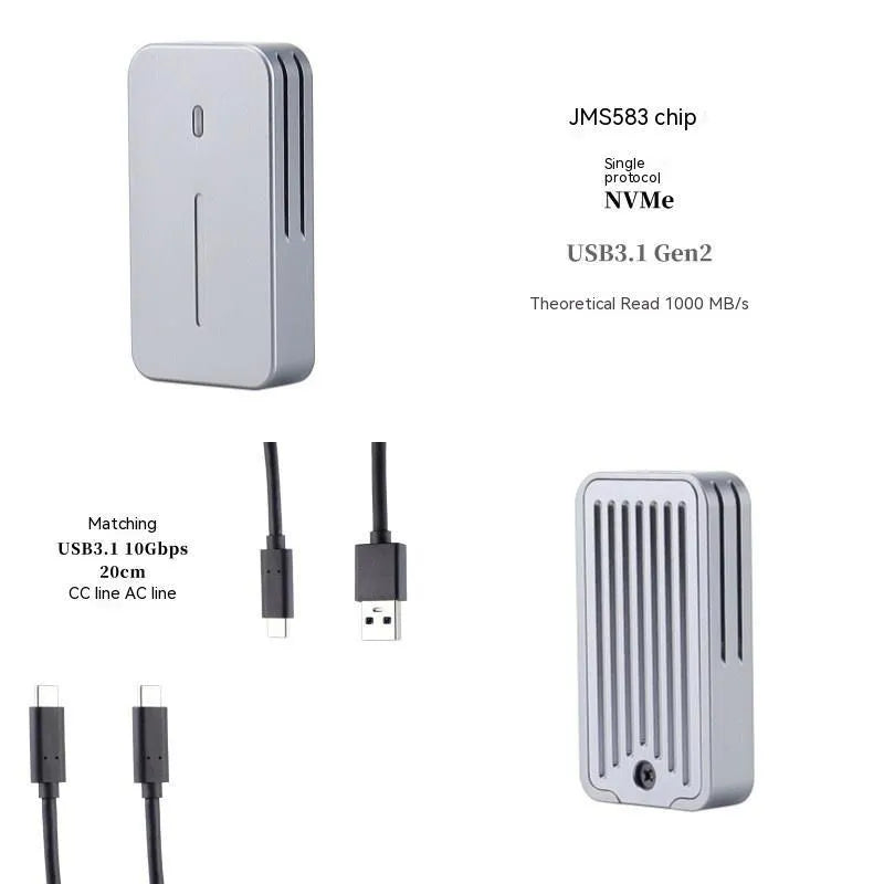 Aluminium alloy NVMe SSD enclosure measuring 5.2cm x 2.8cm with USB-C port