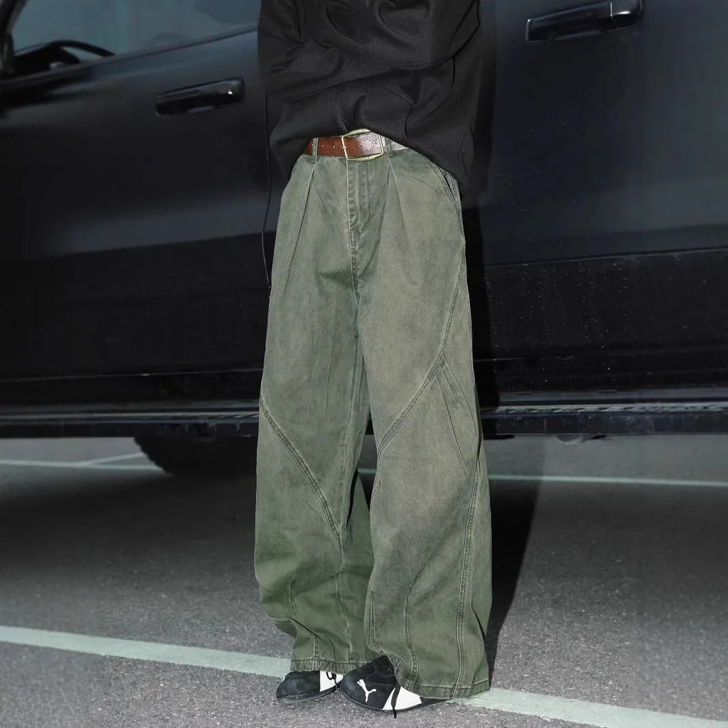 Men's pleated straight trousers with elastic waistband in black brown apricot colours