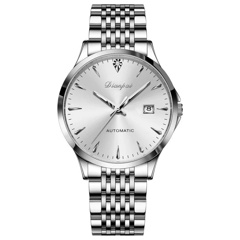 Men's automatic mechanical watch with stainless steel case and strap on simple dial