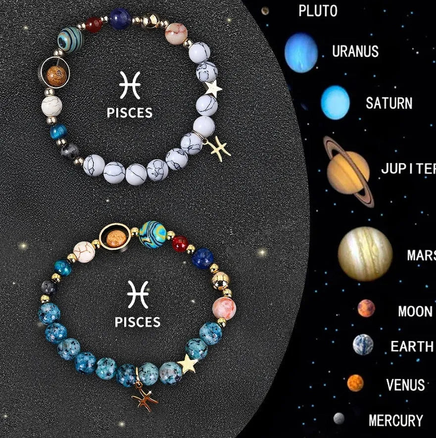 Twelve zodiac sign bracelets with natural stone beads on elastic cords showing all astrology symbols
