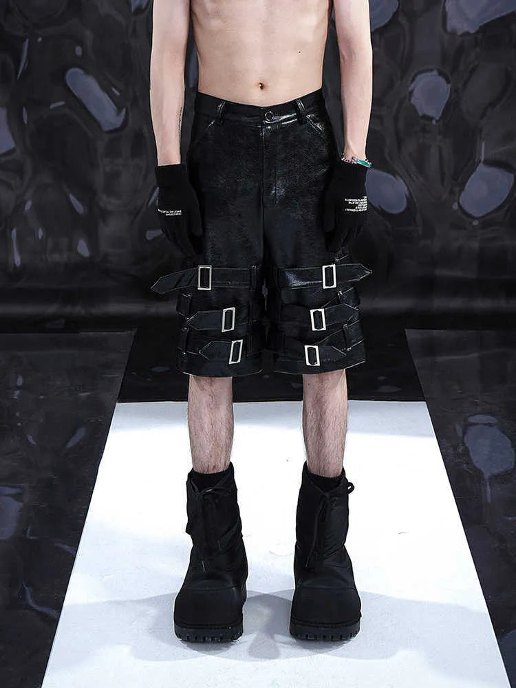 Men's black PU leather cropped shorts with ring detailing and medium-low waist