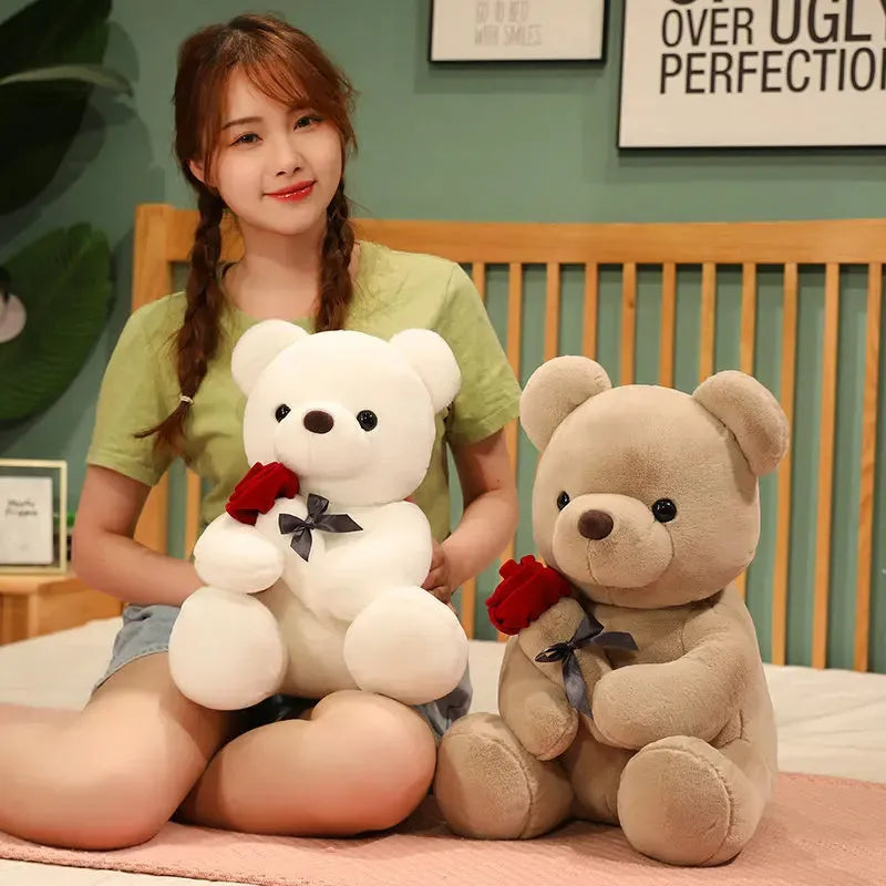 Rose bear plush teddy doll in beige, brown, or grey with soft short plush fabric