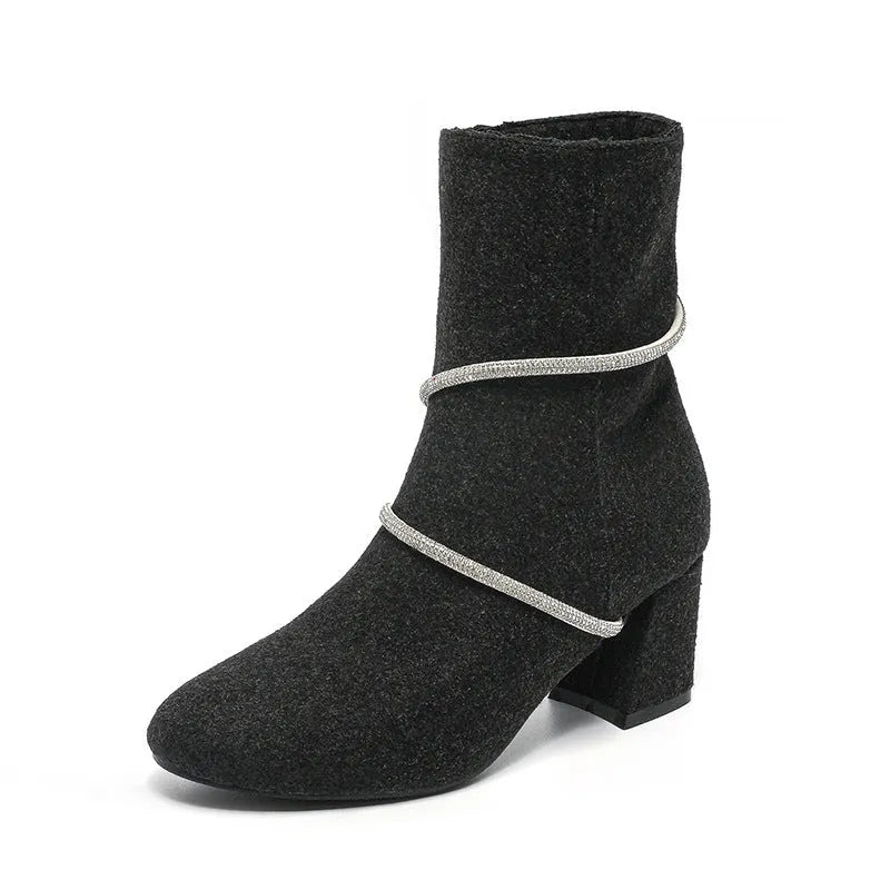 Chunky mid heel suede boots with rhinestone chain design in black for women