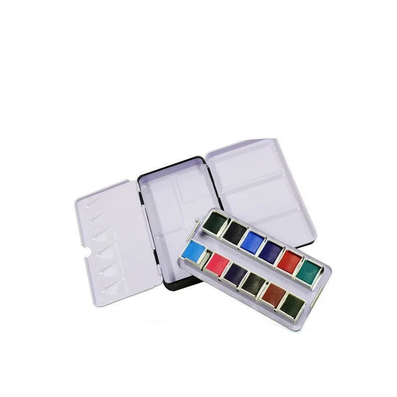 Square tinplate metal empty watercolour paint box with three-fold compartments for 12, 24 or 48 pigment pans.