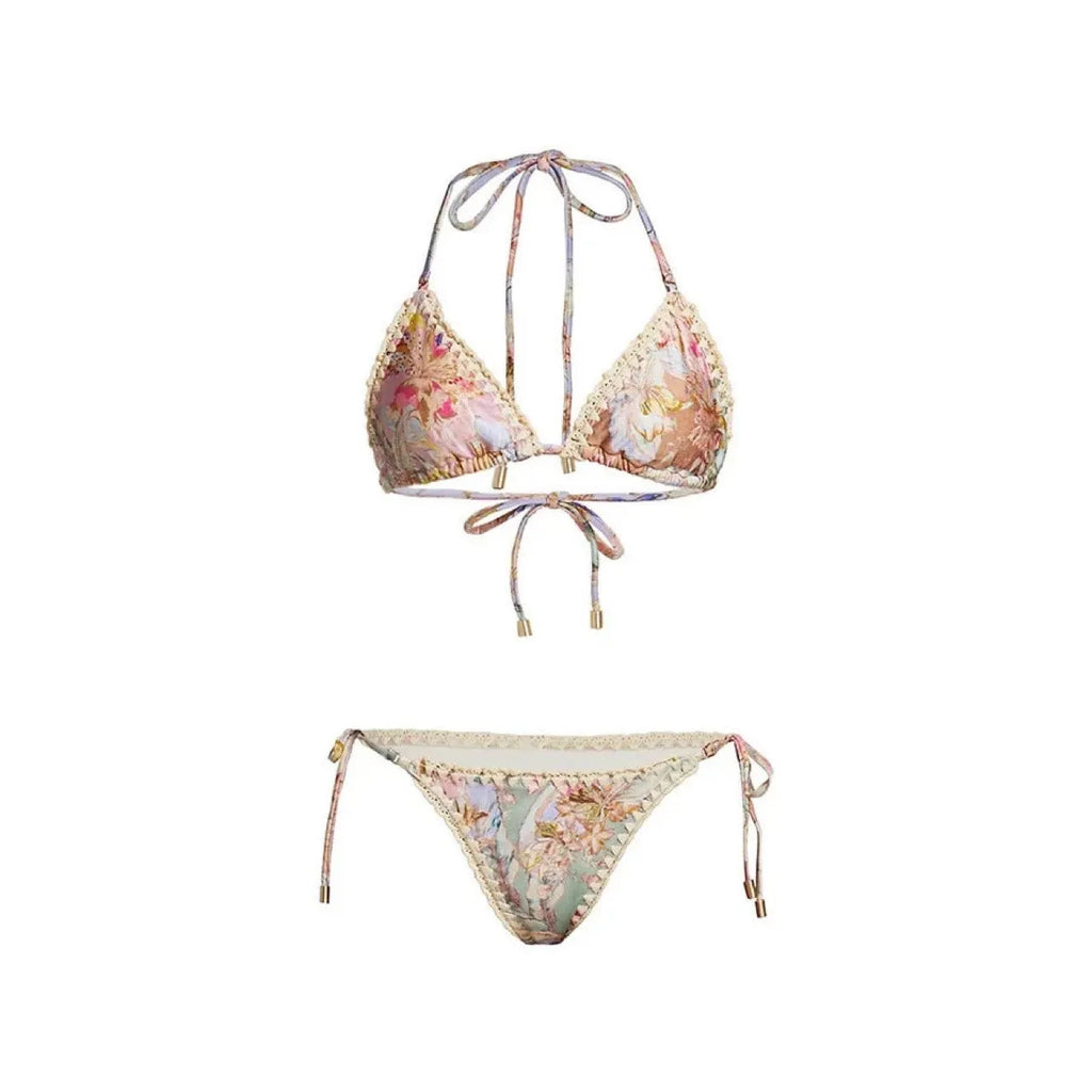 Women's floral print bikini set with skirt in creamy white beige colour