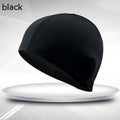 Black single line colour unisex adult polyester fabric swim cap for swimming
