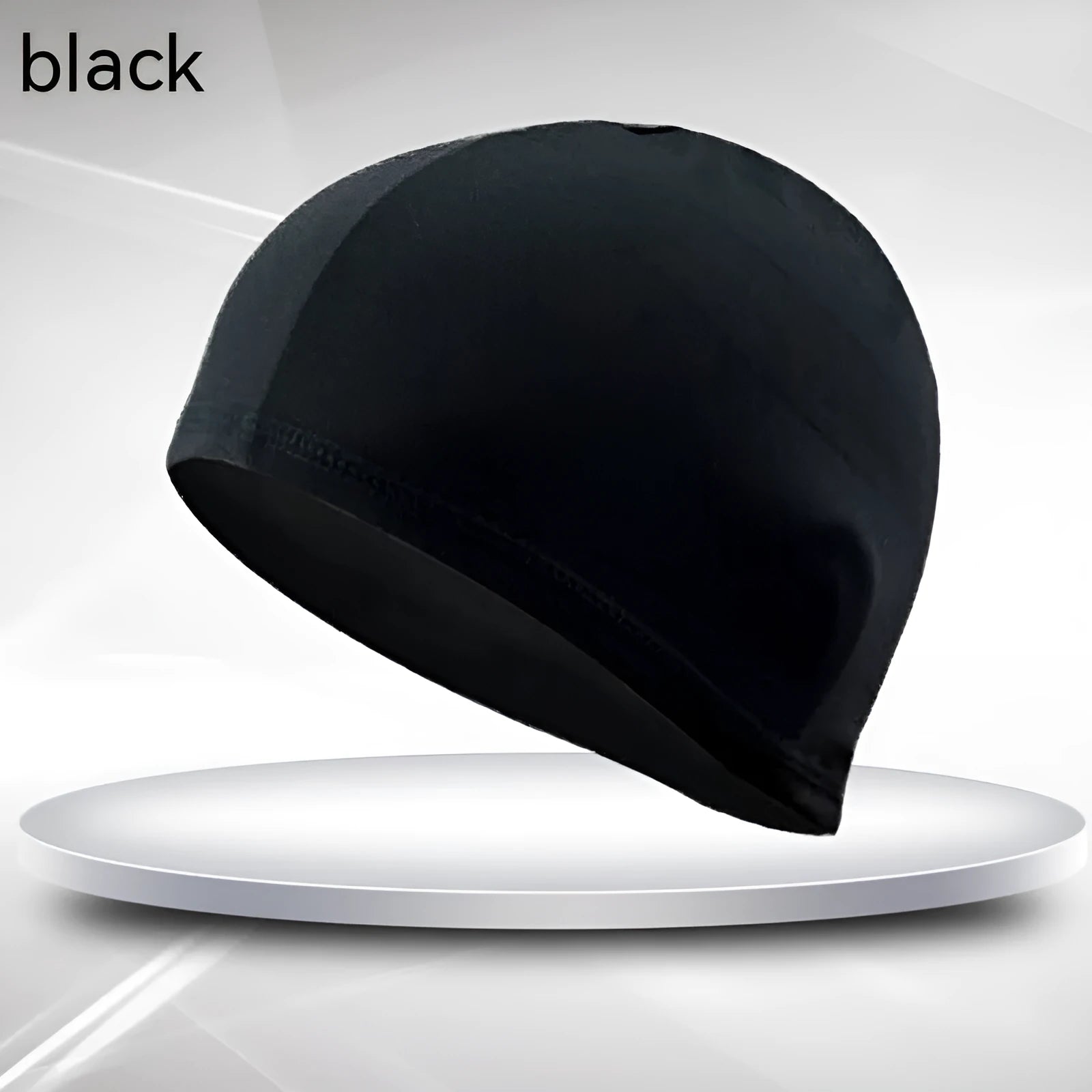 Black single line colour unisex adult polyester fabric swim cap for swimming