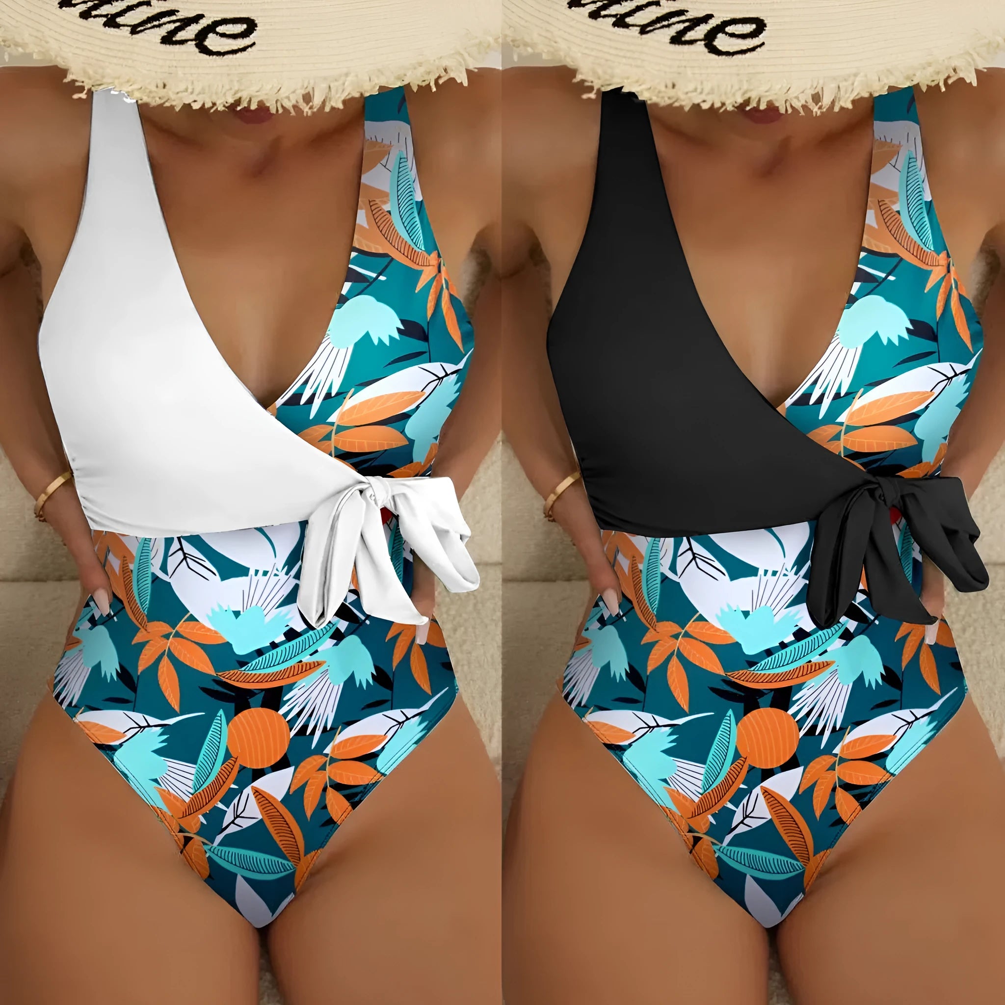 Women's high-waist one-piece bikini swimsuit with printed pattern design