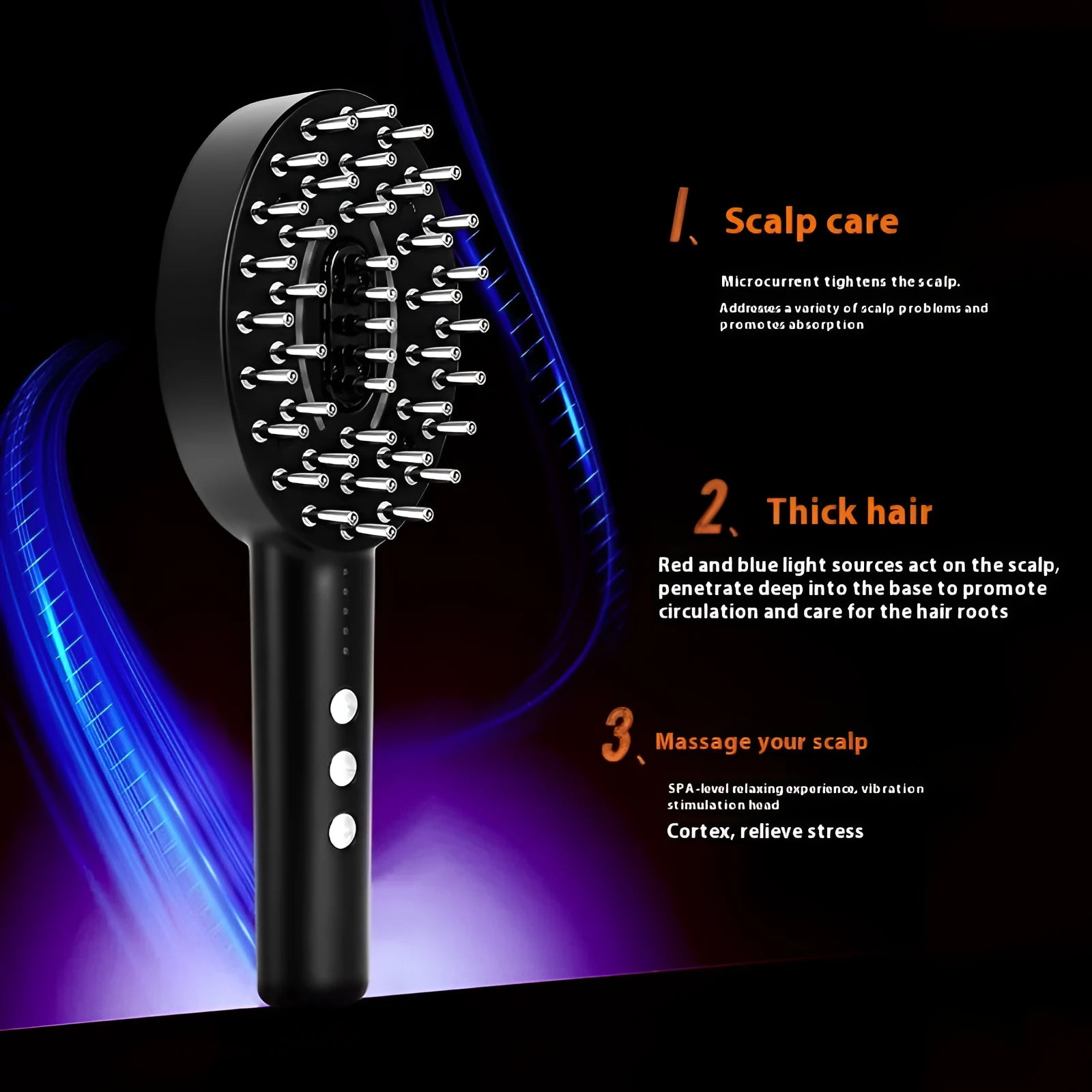 Black handheld scalp massage device with charging cable for vibration therapy