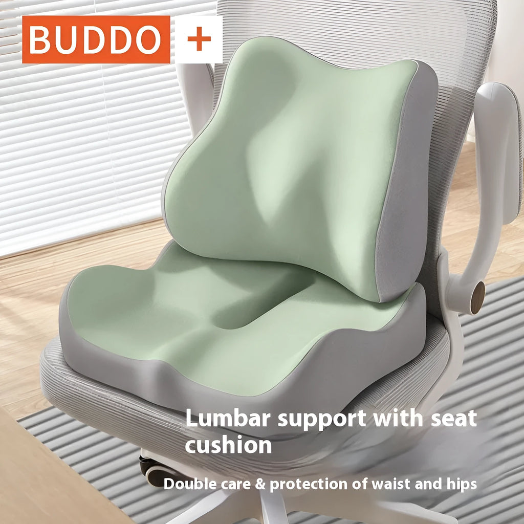 Memory foam seat cushion with waist rest for office sitting support in grey and black colour combination