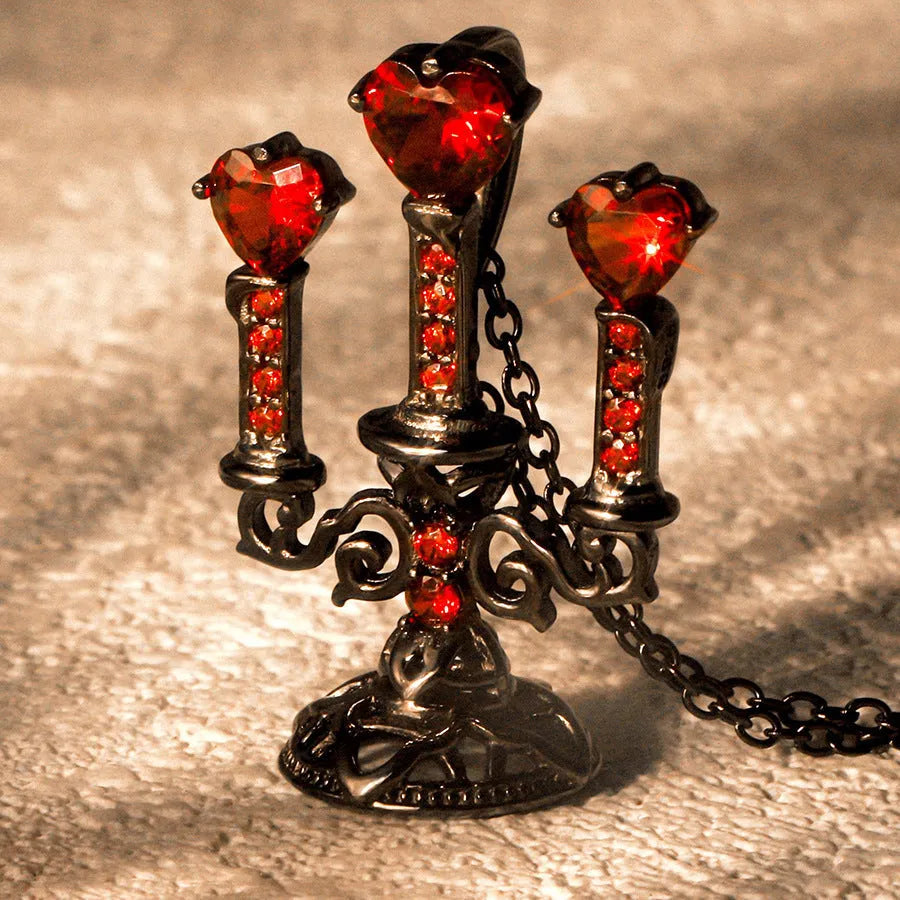 Gothic-style zinc alloy clavicle necklace featuring a hollow candlestick pendant and cross chain in a retro finish.