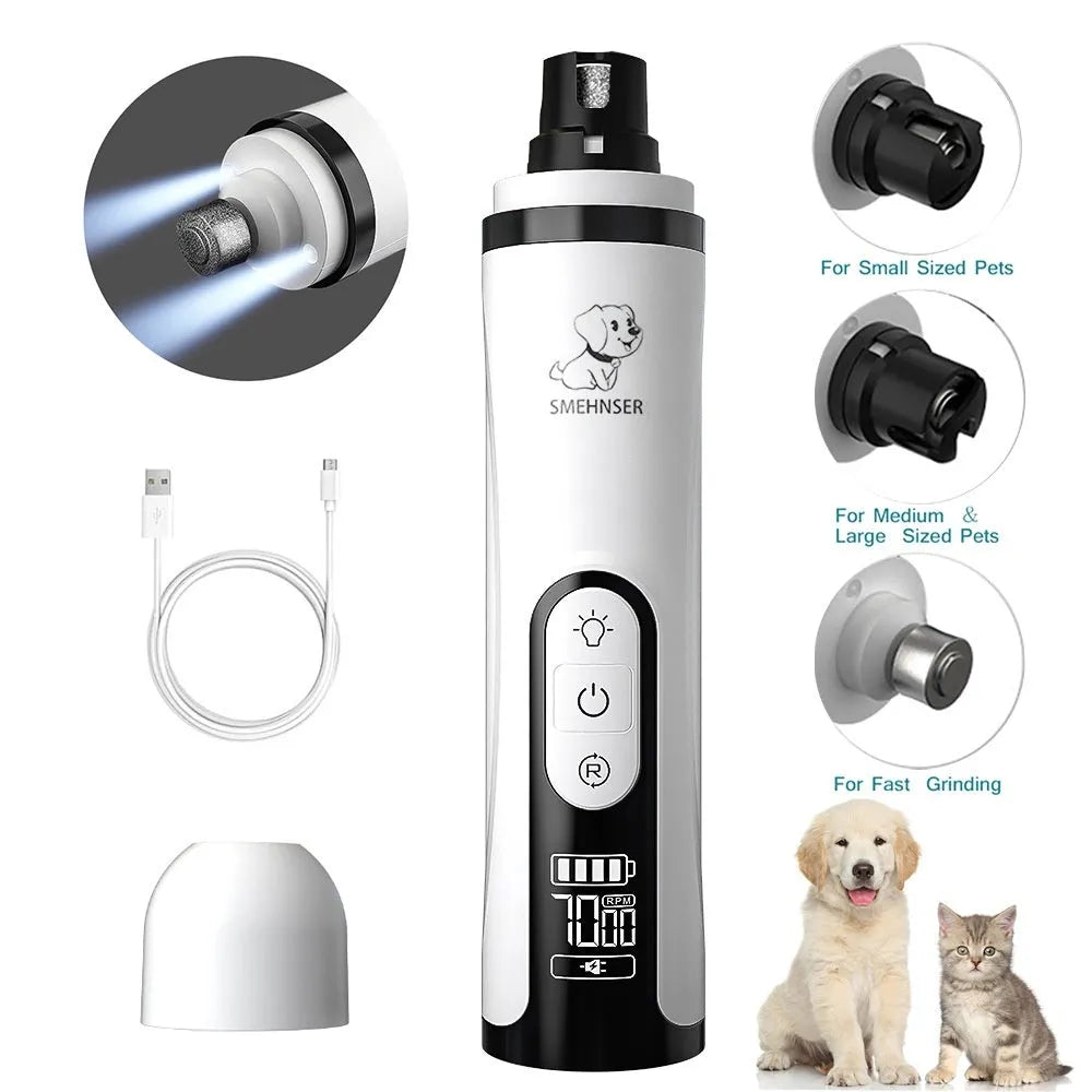 Automatic electric dog nail trimmer with LCD screen, LED lights, and dust collection chamber.