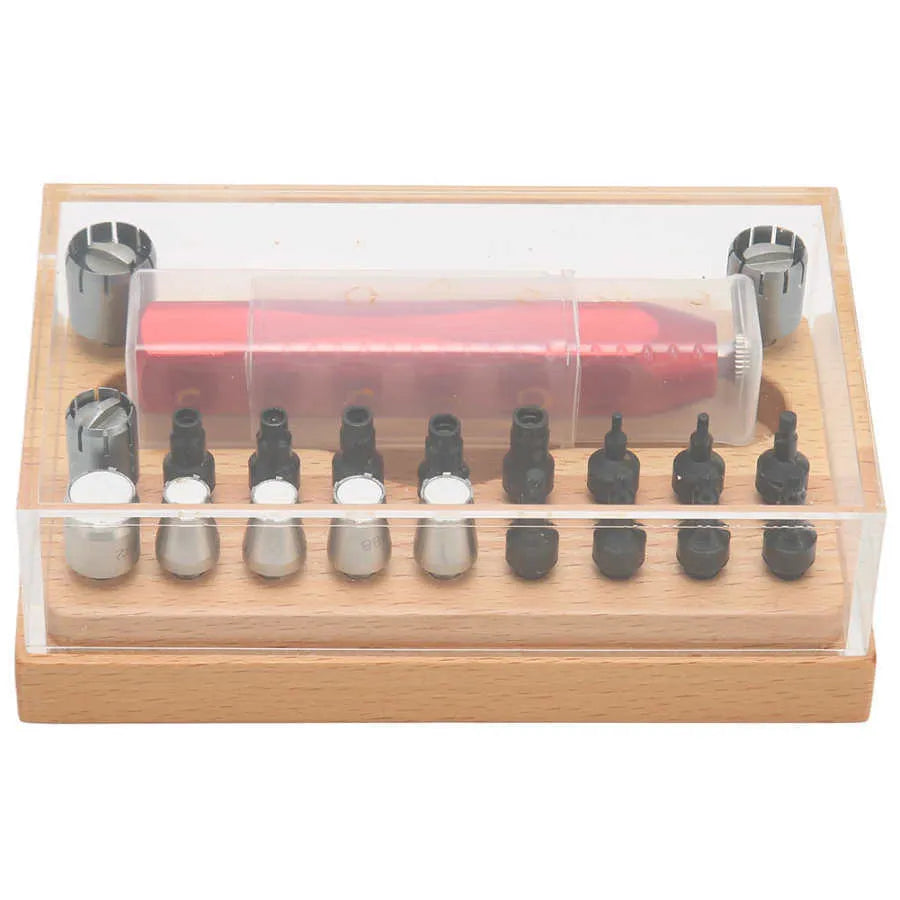 20-piece steel watch repair tool kit with extracting and opening tubes on a work surface.