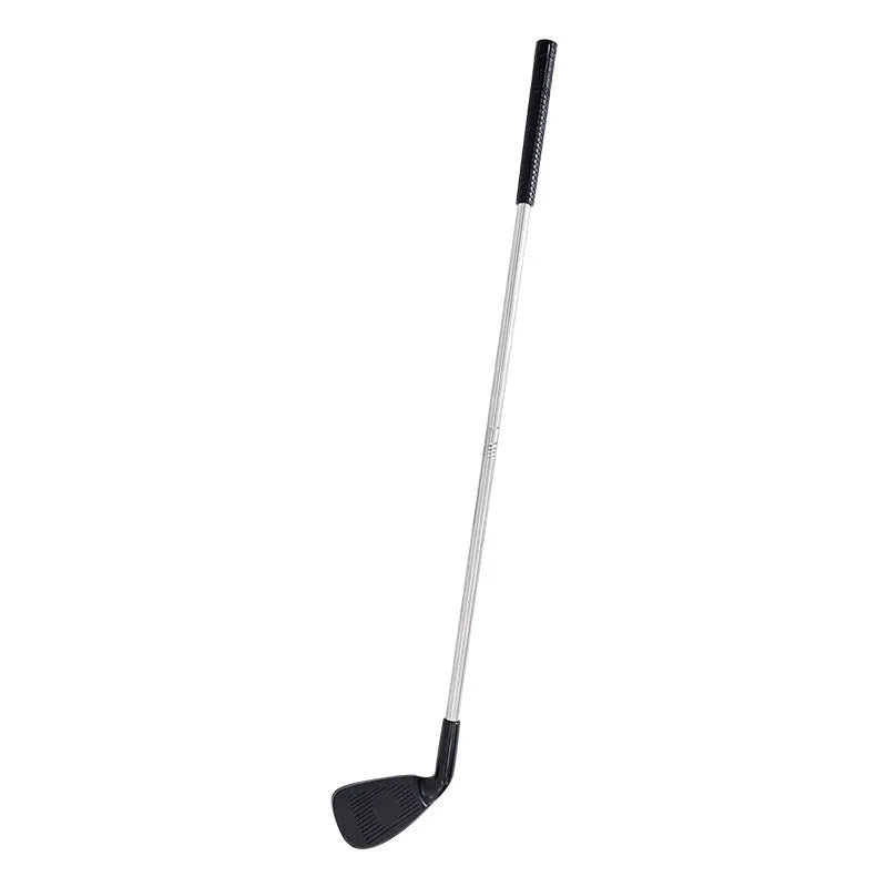 Metal golf training club set showing adult and children's versions for outdoor practice