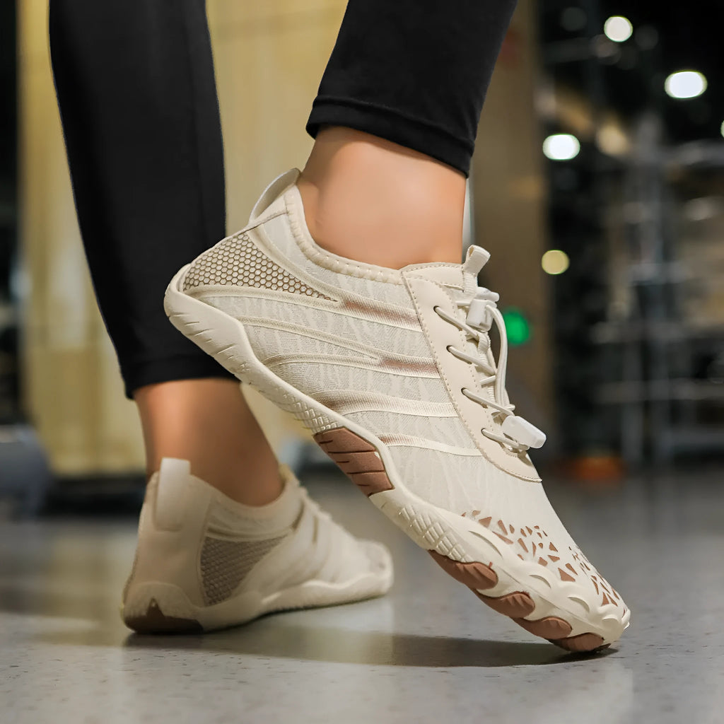Men's casual running shoes with Lycra stretch upper for beach sports, shown in beige colour.
