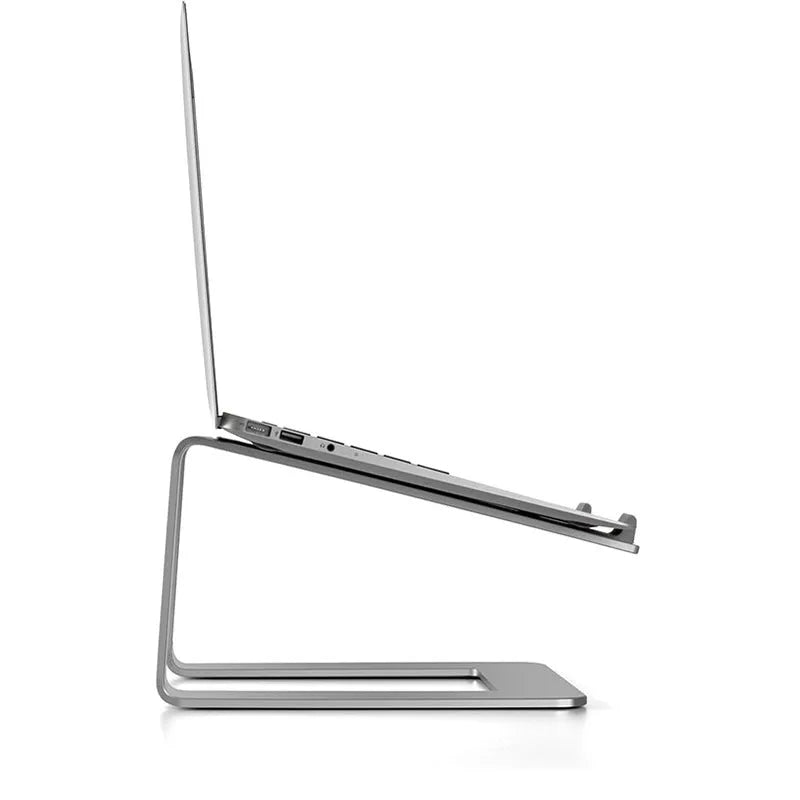 Aluminium alloy laptop stand on desktop in black colour with laptop elevated