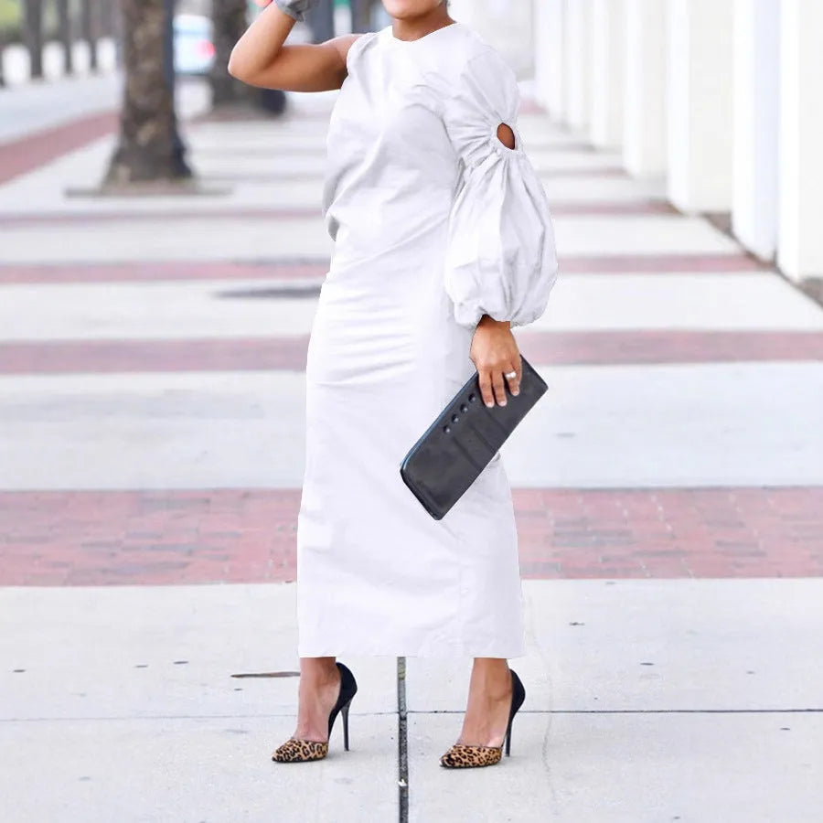 Long lantern sleeve side slit dress with elastic waist in solid colour, available in black army green white yellow sizes S to 3XL