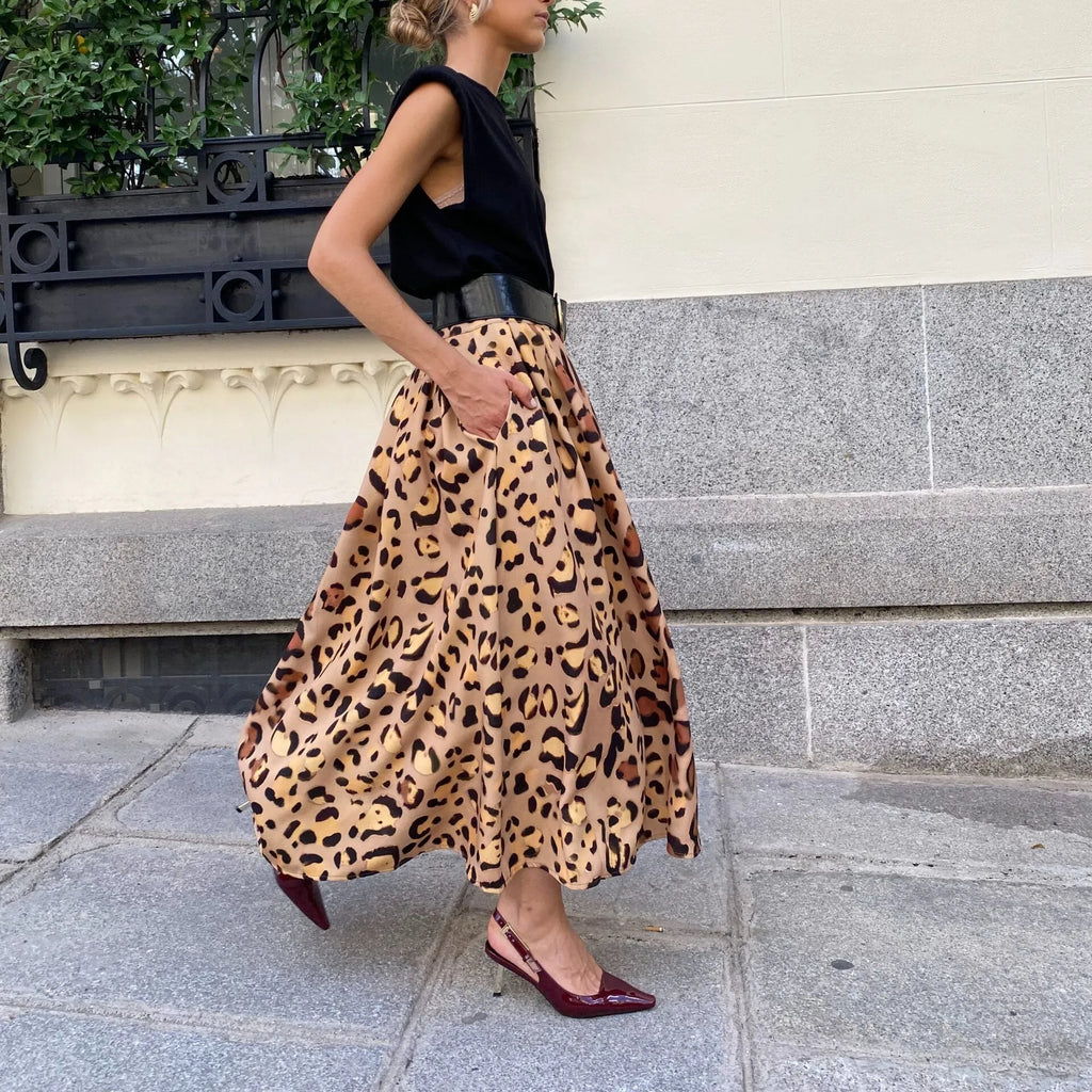 Women's brown leopard print A-line long skirt in polyester fabric