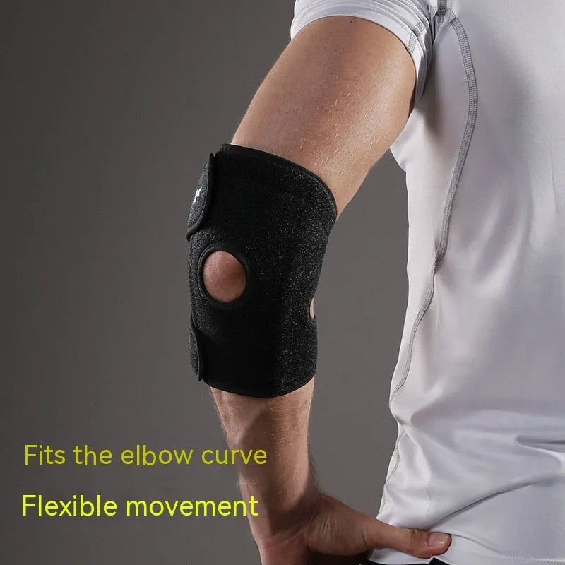 Adjustable black sports elbow guard for multiple athletic activities including basketball and badminton