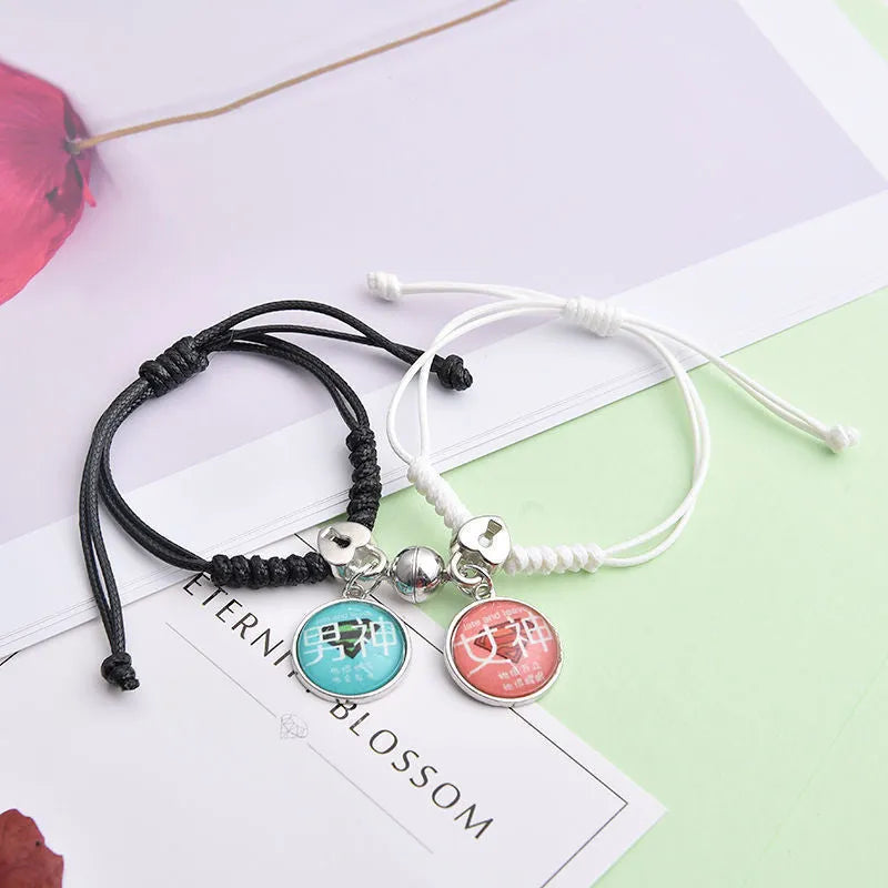 Magnetic couple bracelet pair with alloy electroplating in various designs including clover and crown patterns