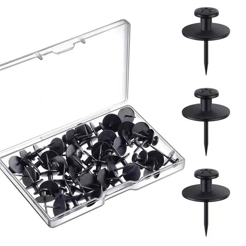 Black plastic I-shaped corkboard nails thumbtacks in PP box packaging for noticeboards
